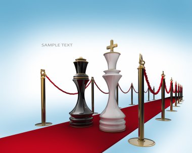 Kral ve Kraliçe satranç izole kırmızı halıda. 3D render