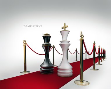 Kral ve Kraliçe satranç izole kırmızı halıda. 3D render