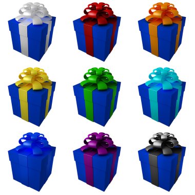 koleksiyon koyu mavi hediye kutuları ile renkli şerit ve yay