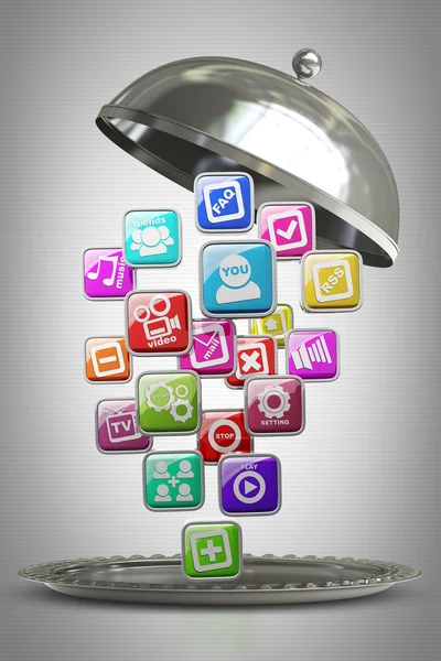 Silberteller oder Cloche mit Apps-Symbolen — Stockfoto