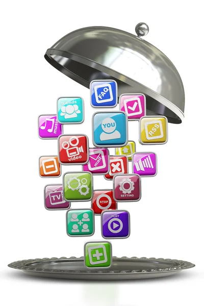 Silberteller oder Cloche mit Apps-Symbolen — Stockfoto