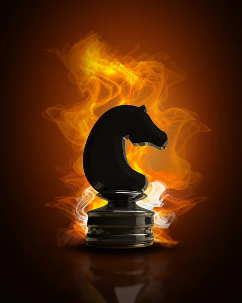 Burning black chess horse in Fire. Illustration 3D haute résolution — Photo