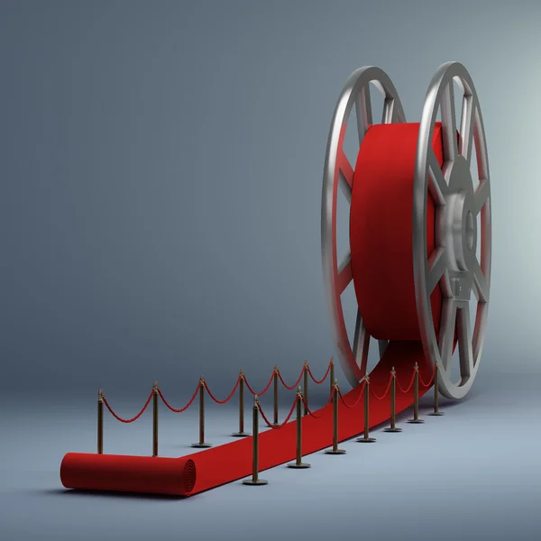 Sinema film rulo ve kırmızı halı. 3D çizim. yüksek çözünürlük