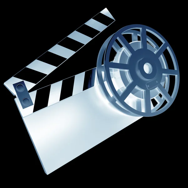 Xrey film und clap board movies symbol closeup isoliert auf schwarz. — Stockfoto