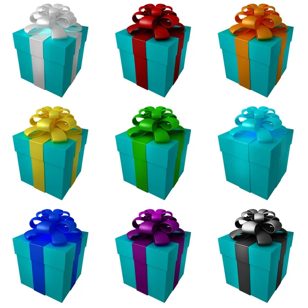 Collection boîtes-cadeaux bleues avec ruban de couleur et arcs — Photo