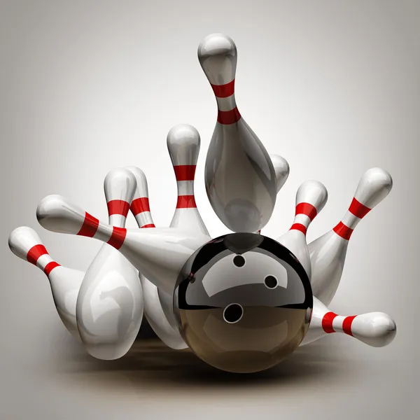 Boule de bowling s'écrasant dans les broches. — Photo