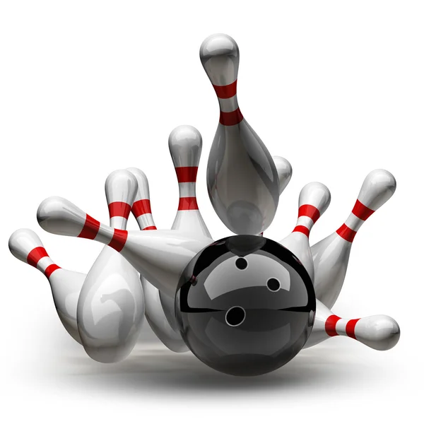 3d Bowling Ball crashing into the pins — Stock Photo, Image