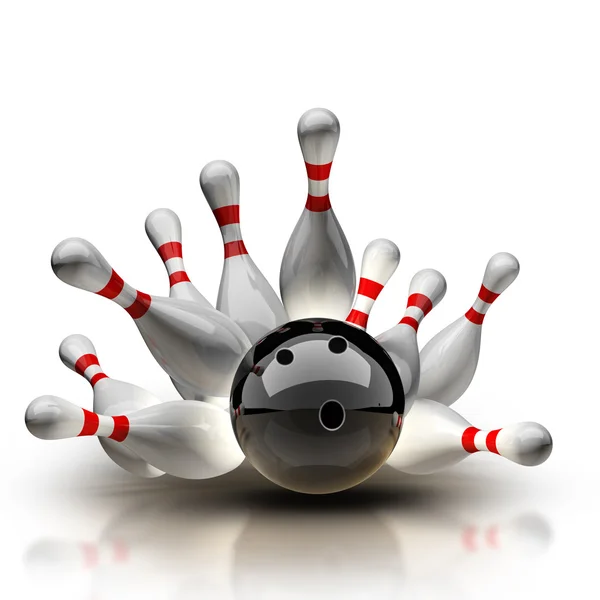 3d boule de bowling s'écrasant dans les broches — Photo