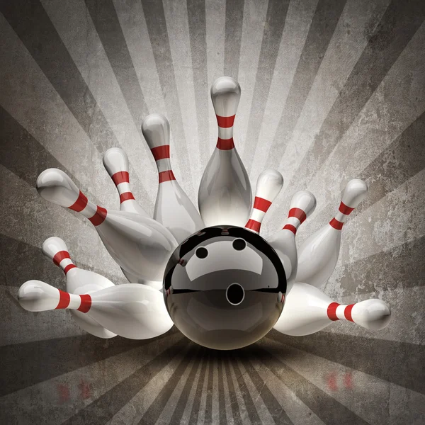 Bowling Ball crashing into the pins on vintage background. — Stock Photo, Image