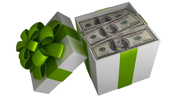 Money gift box with green ribbon — Stock Photo, Image