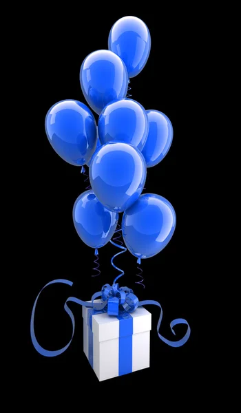 Gift box with blue balloons isolated on black background — Stock Photo, Image