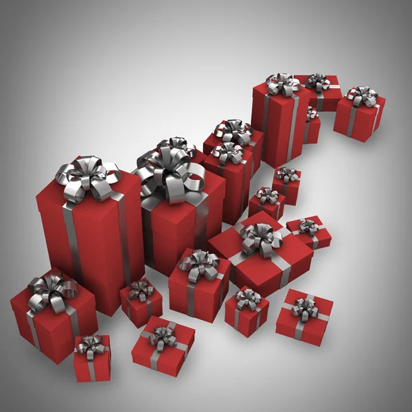 Cajas de regalo de Navidad ROJAS con cinta de plata y lazo —  Fotos de Stock