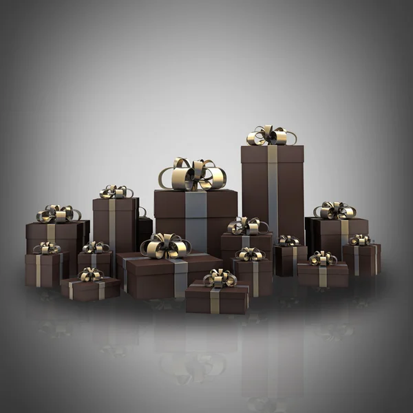 Cajas de regalo de Navidad marrón con cinta de oro y arco 3D de alta resolución —  Fotos de Stock