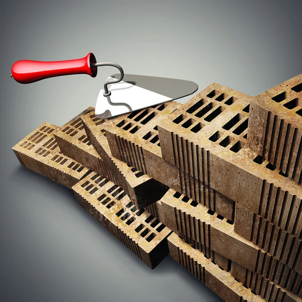 Building and construction concept. brick and metal trowel. — Stock Photo, Image