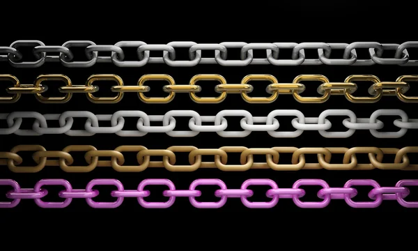 Collection of metal chain parts on black background 3d render — Stock Photo, Image