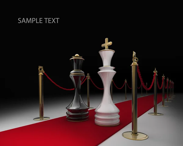 Král a královna šachy na červeném koberci, samostatný. 3D vykreslování — Stock fotografie