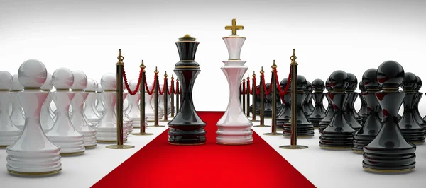 King and Queen chess on red carpet isolated. 3d render — Stock Photo, Image