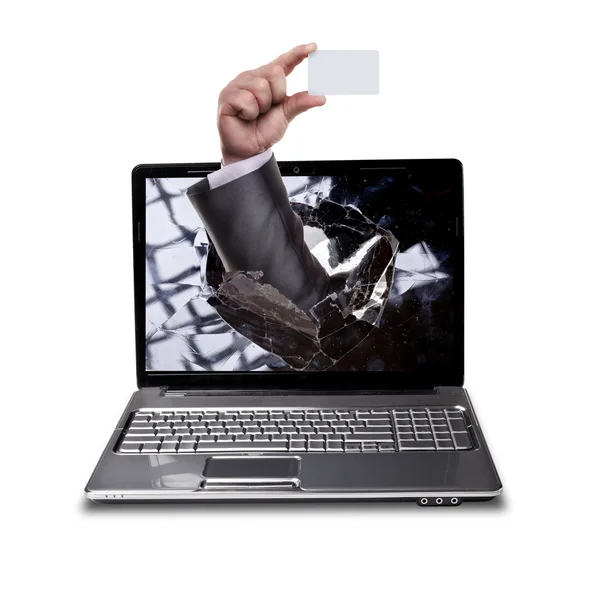 Konzept. Laptop mit kaputtem Bildschirm und Hand isoliert auf weißem Hintergrund — Stockfoto