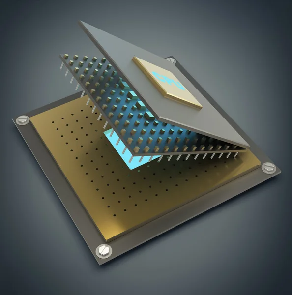 CPU microchip per computer smontata. Icona 3D . — Foto Stock