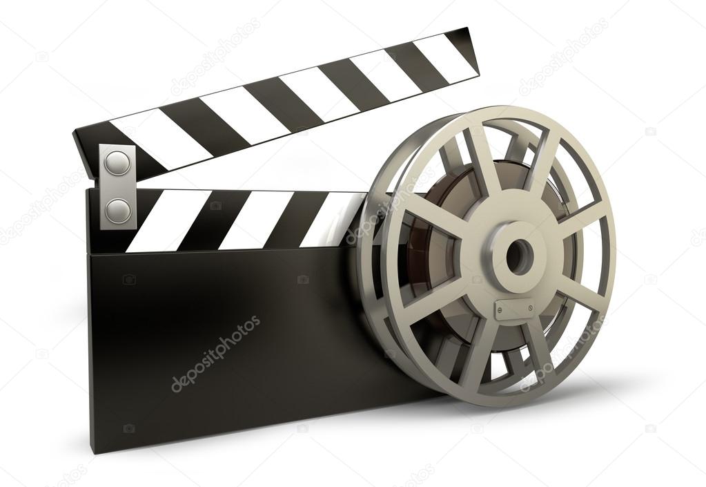 Film and clap board movies symbol closeup isolated on white