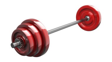 Beyaz arka plan üzerinde izole kırmızı dumbbell 3D çizimi.