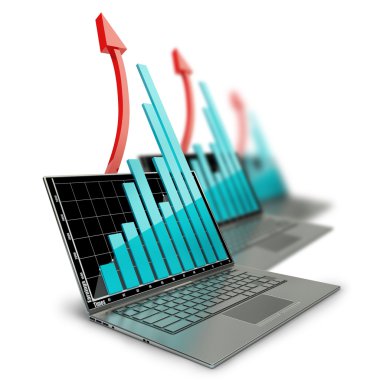 grafik ve kırmızı ok ile üç dizüstü bilgisayarlar
