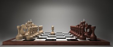 yüksek çözünürlüklü parlak satranç tahtası üzerinde satranç figürleri ile kompozisyon. 3D görüntü