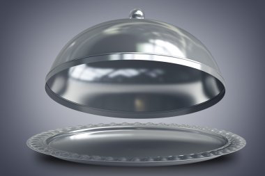 Beyaz arka plan üzerinde 3d render izole nesneyi yer alan boş metal gümüş tabak veya cloche açın