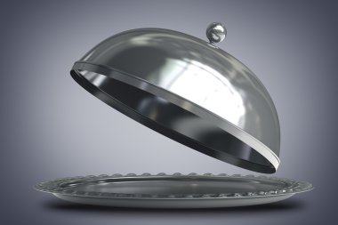 Beyaz arka plan üzerinde 3d render izole nesneyi yer alan boş metal gümüş tabak veya cloche açın