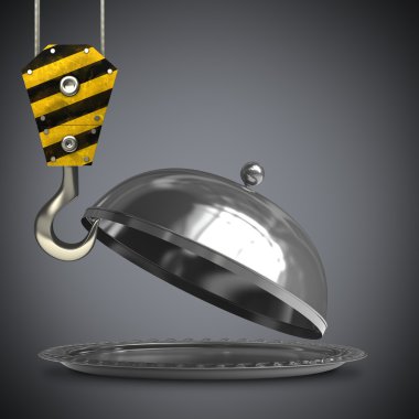 Endüstriyel mutfak konsepti. Açık boş metal gümüş tabak veya cloche vinç kanca 3d render ile