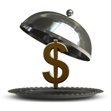 boş metal gümüş tabak veya cloche bizimle açık beyaz arka plan üzerinde 3d render izole dolar simgesi