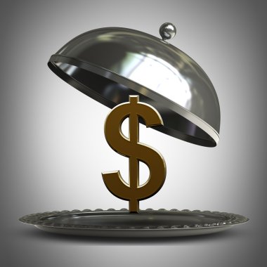 Gümüş plakalı metal veya cloche bizimle açın Doları sembolü 3d render