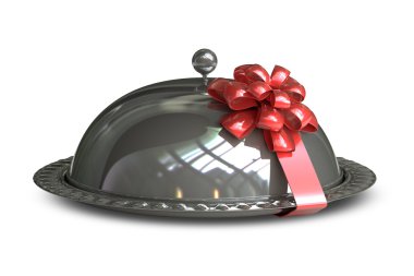 Beyaz arka plan üzerinde yüksek çözünürlükte 3d render izole kırmızı hediye şerit yay ile restoran cloche