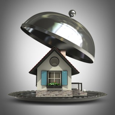 Gümüş plakalı metal veya cloche ev 3d render ile açın