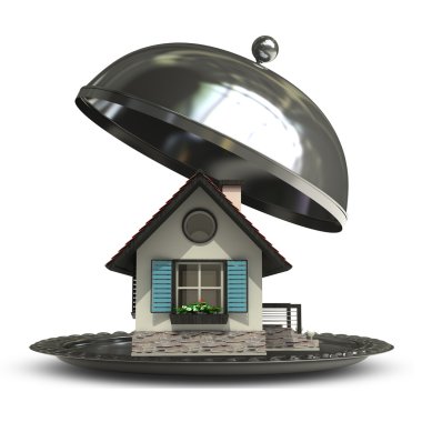 Beyaz arka plan üzerinde 3d render izole bir ev boş metal gümüş tabak veya cloche açın