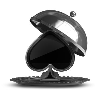 Open metal silver platter or cloche with card sign. isolated on white background. High resolution 3d render