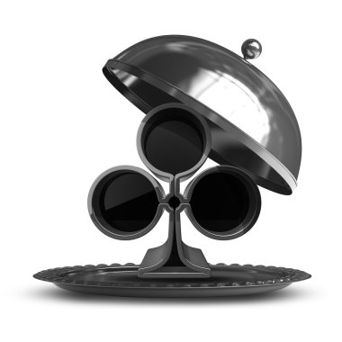 Open metal silver platter or cloche with card sign. isolated on white background. High resolution 3d render