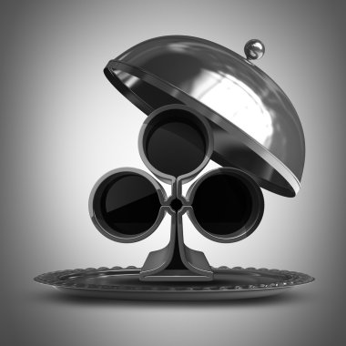 Gümüş plakalı metal veya cloche kart işareti ile açın. yüksek çözünürlükte 3d render