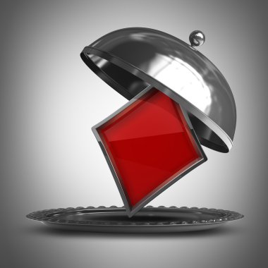Gümüş plakalı metal veya cloche kart işareti ile açın. yüksek çözünürlükte 3d render