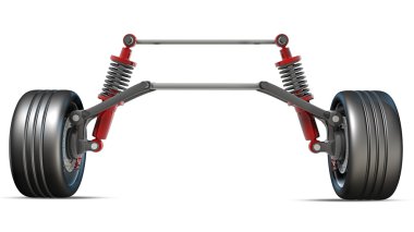 tekerlek, darbe emici ve fren balataları. Beyaz arka plan üzerinde izole. yüksek çözünürlükte 3d render