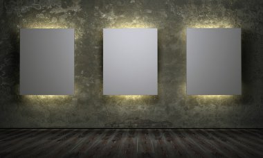 grunge duvarları ile odada üç boş Pano