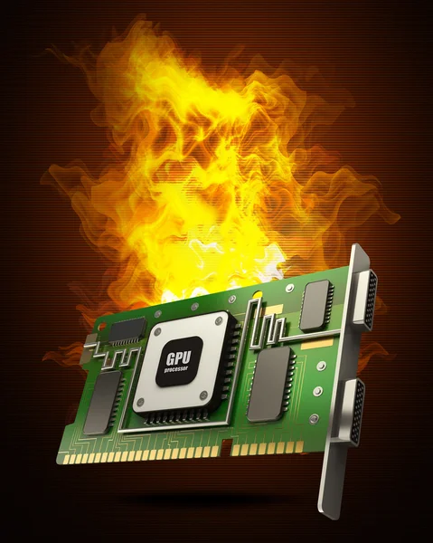 Tarjeta gráfica GPU en el fuego de alta resolución 3d ilustración — Foto de Stock
