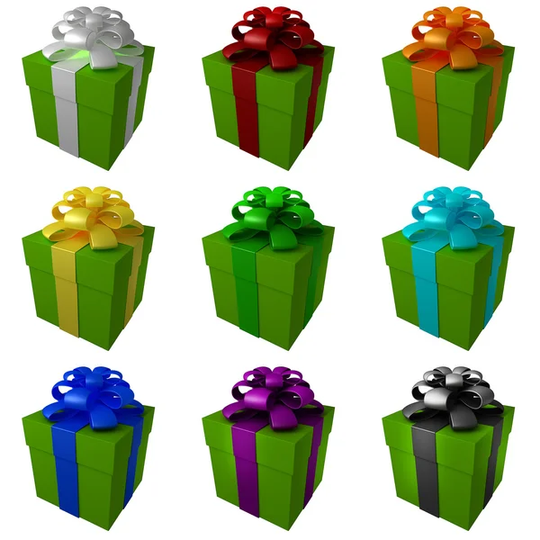 Collection green gift boxes with color ribbon and bows — Stock Photo, Image