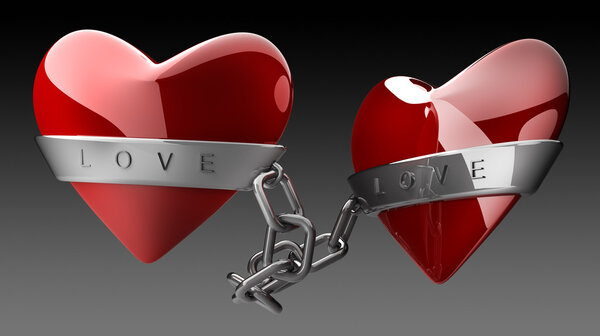 Chain with two hearts on black 3d render