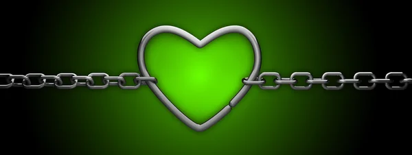 Coração de prata e corrente isolada em verde - conceito de amor — Fotografia de Stock