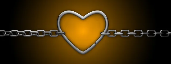 Silver heart and chain isolated on yellow - love concept — Stock Photo, Image