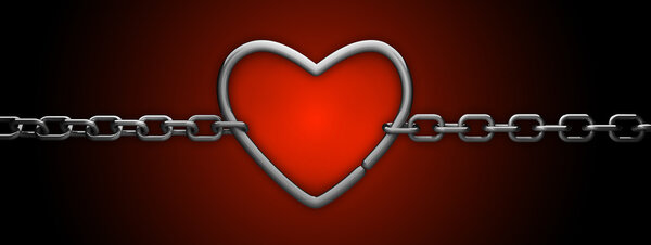 Серебряное сердце и цепь изолированы на красный
