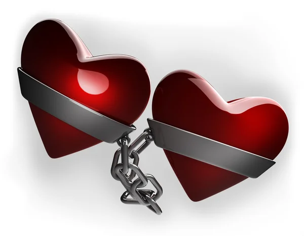 Červené srdce a stříbrný řetízek izolovaných na bílém 3d vykreslení — Stock fotografie
