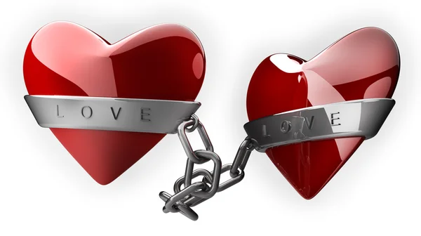 Red heart and silver chain isolated on white 3d render — Stock Photo, Image