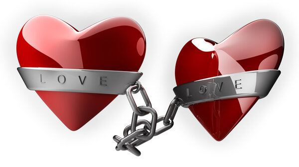 Red heart and silver chain isolated on white 3d render